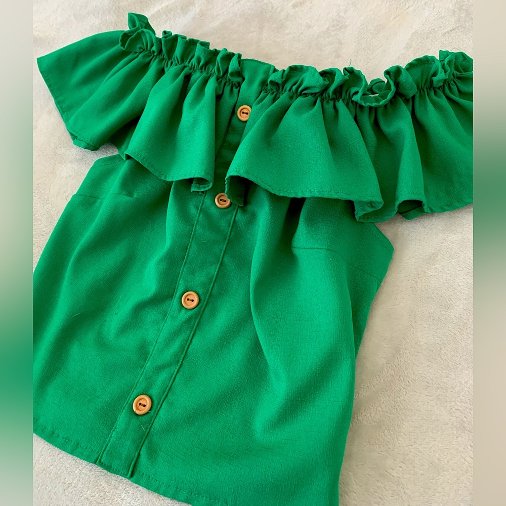 Green Ruffled Off-the-Shoulder Top - Picture 1 of 3